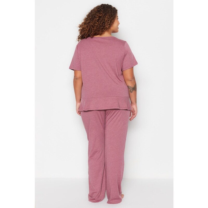 Trendyol Curve Burgundy Printed Short Sleeve Knitted Pajamas Set