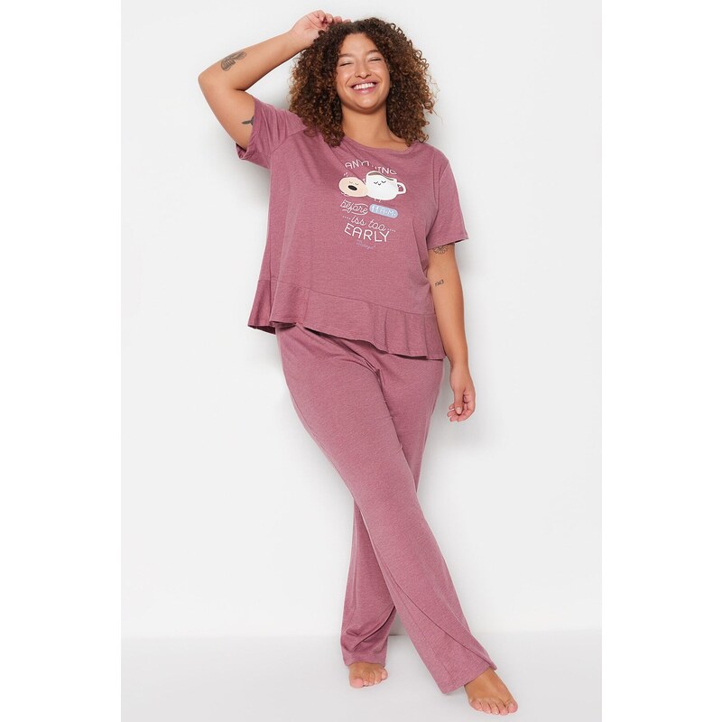 Trendyol Curve Burgundy Printed Short Sleeve Knitted Pajamas Set