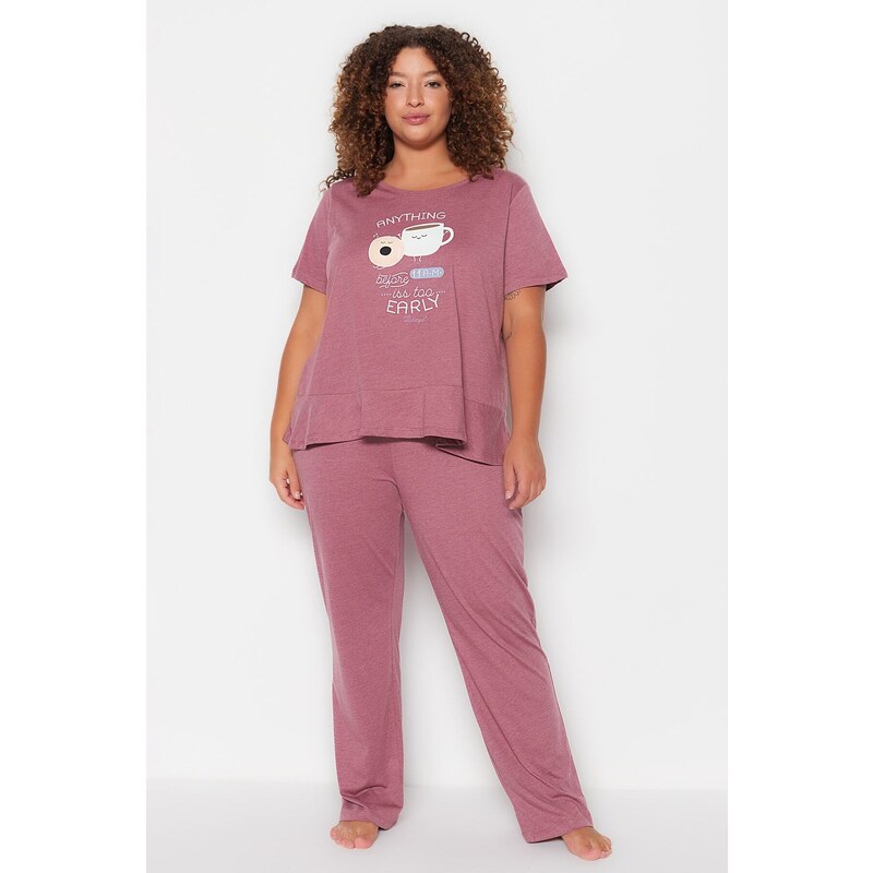 Trendyol Curve Burgundy Printed Short Sleeve Knitted Pajamas Set