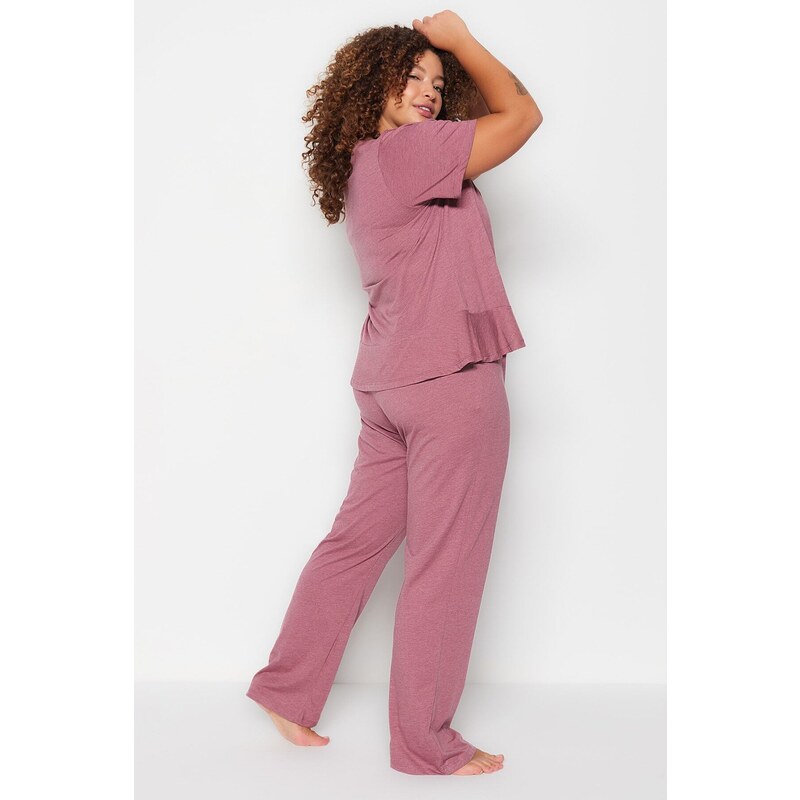 Trendyol Curve Burgundy Printed Short Sleeve Knitted Pajamas Set