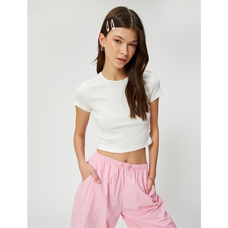 Koton Crop T-Shirt Crew Neck Short Sleeve Ribbed Cotton