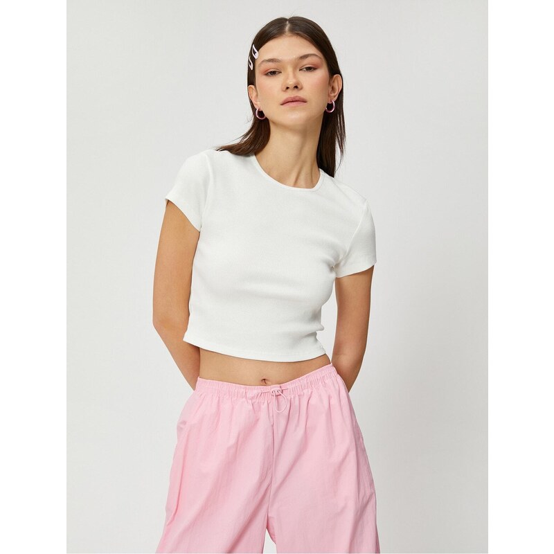 Koton Crop T-Shirt Crew Neck Short Sleeve Ribbed Cotton