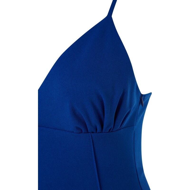 Trendyol Indigo vypasovaná krepová ramínka s výstřihem do V Mini pletené mini šaty