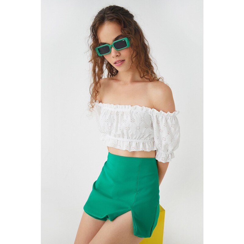 Koton Crop T-Shirt Open Shoulder Scalloped