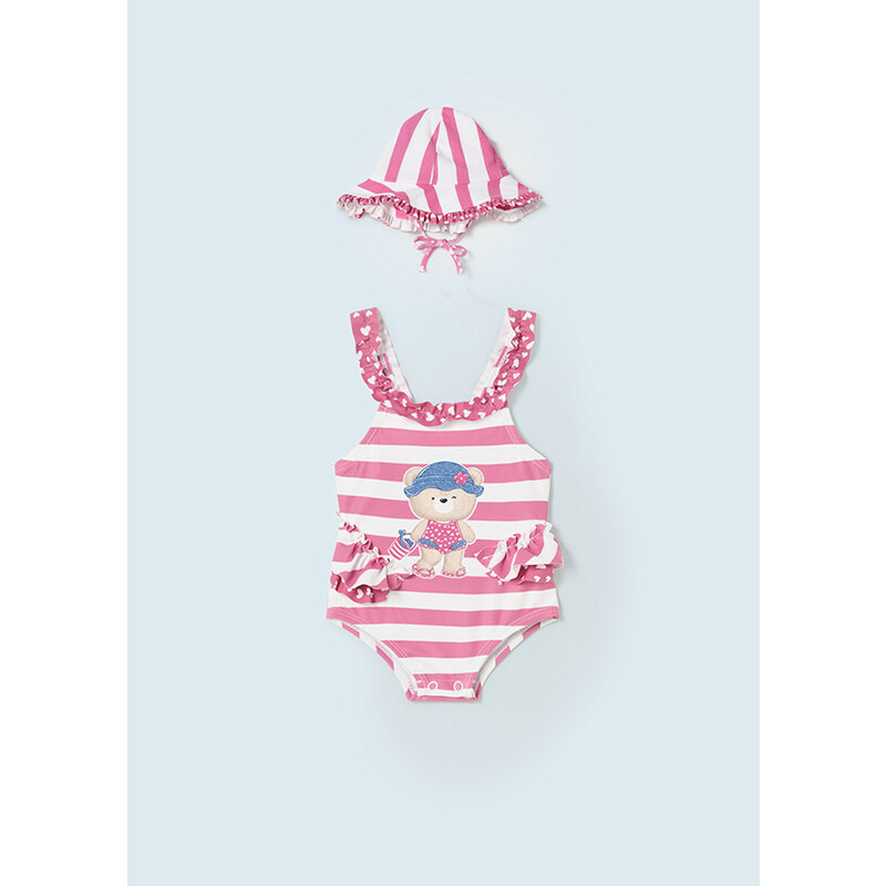 Kojenecké dívčí jednodílné plavky s kloboučkem MAYORAL, růžové MEDVÍDEK