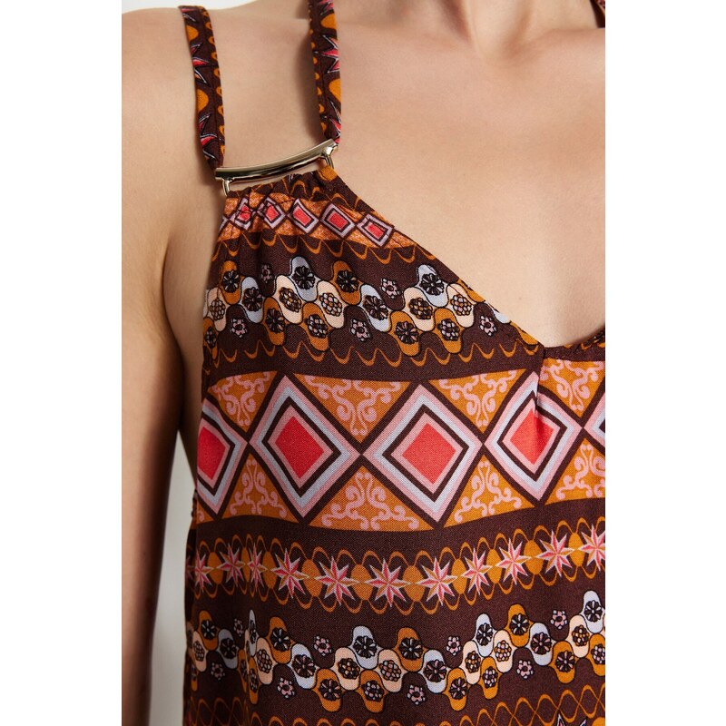 Trendyol hnědé etnické vzorované midi tkané šaty s rovným střihem detail