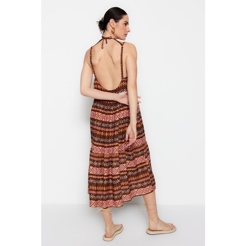 Trendyol hnědé etnické vzorované midi tkané šaty s rovným střihem detail
