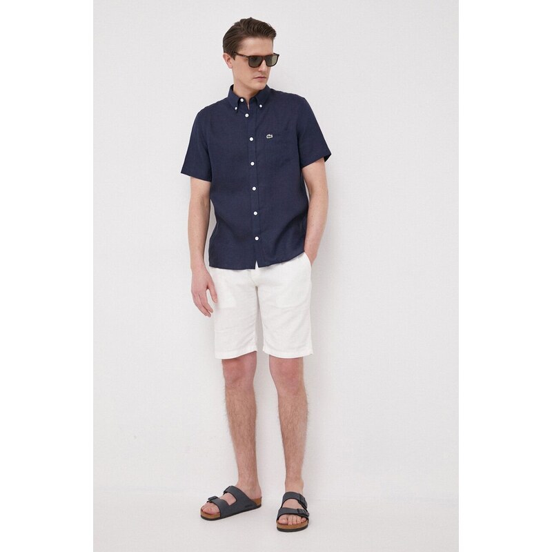 Plátěná košile Lacoste tmavomodrá barva, regular, s límečkem button-down