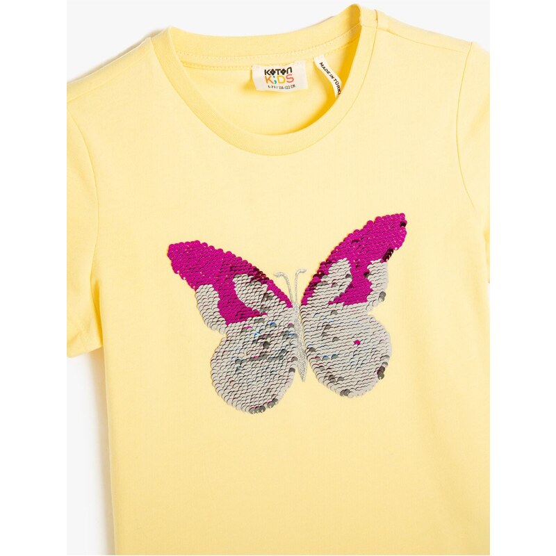 Koton T-Shirt Crew Neck Short Sleeve Butterfly Sequin Embroidered Cotton