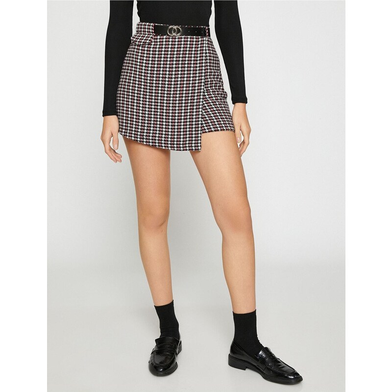 Koton Mini Shorts Skirt with Belt Detail Houndstooth Pattern