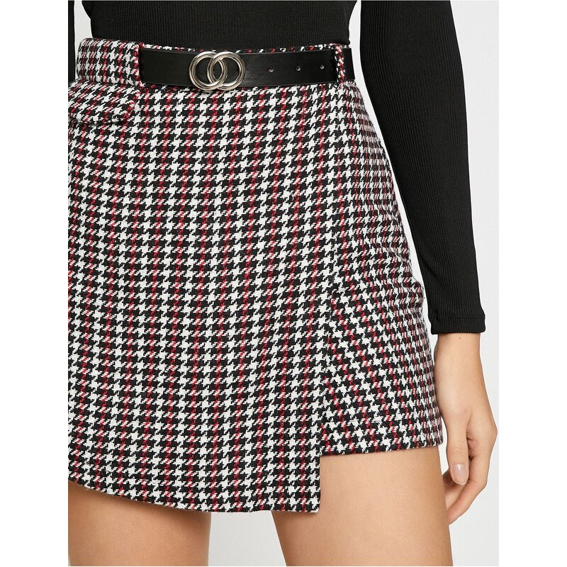 Koton Mini Shorts Skirt with Belt Detail Houndstooth Pattern