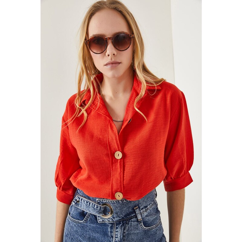 Olalook Women's Orange Wooden Buttoned Three Quarter Sleeve Linen Shirt