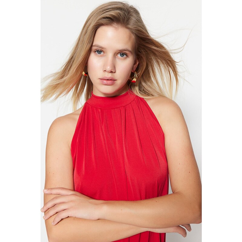 Trendyol Red Halterneck Mini elastické pletené šaty