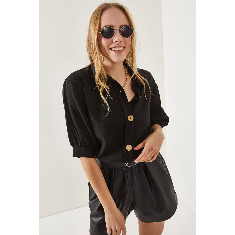 Olalook Women's Black Wooden Buttoned Three Quarter Sleeve Linen Shirt