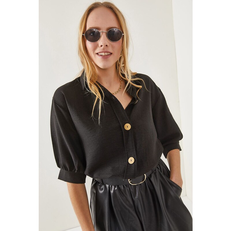 Olalook Women's Black Wooden Buttoned Three Quarter Sleeve Linen Shirt