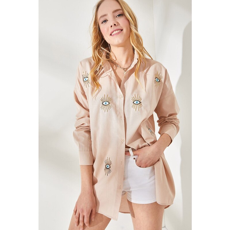 Olalook Women's Beige Eyes Sequin Detailed Woven Boyfriend Shirt