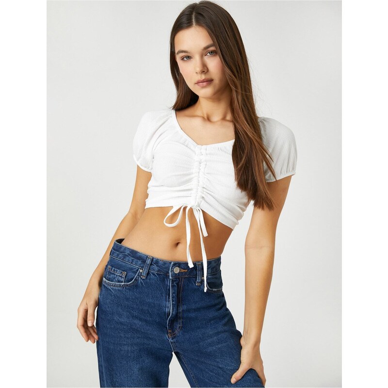 Koton Crop T-Shirt Balloon Sleeves Shirred Detail V-Neck