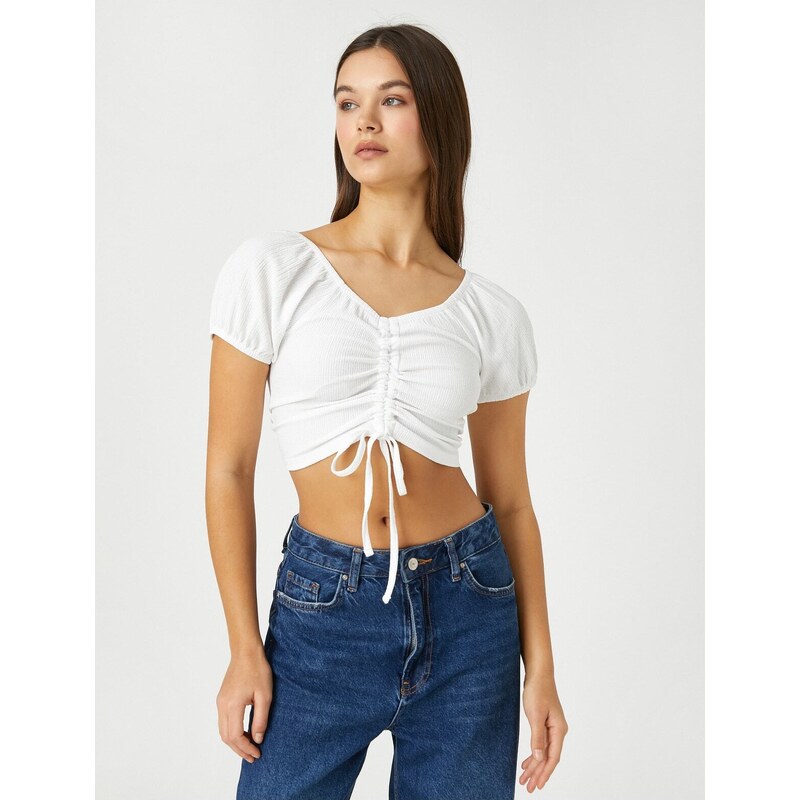 Koton Crop T-Shirt Balloon Sleeves Shirred Detail V-Neck