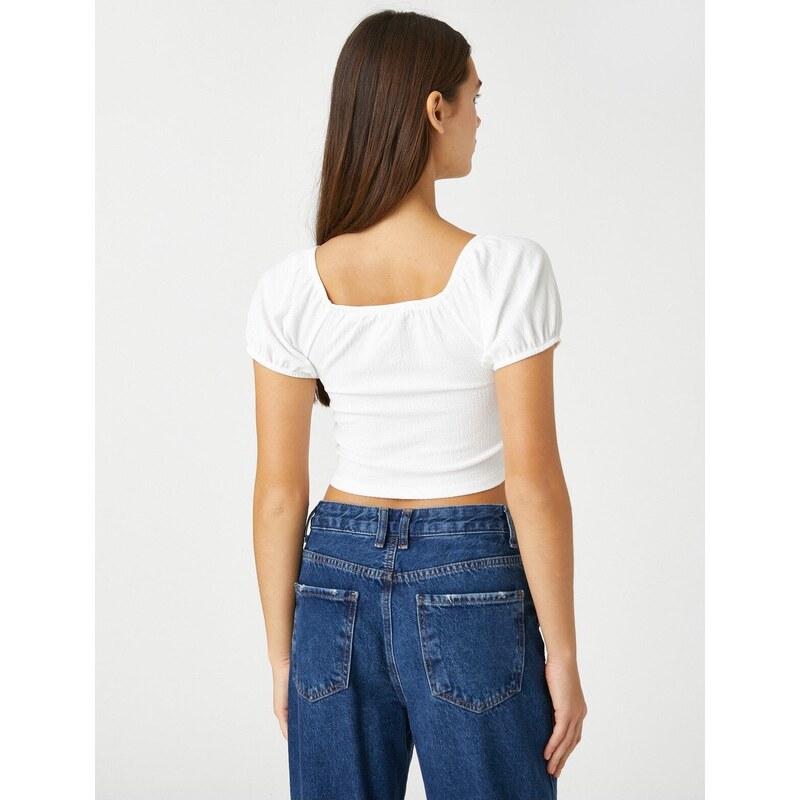 Koton Crop T-Shirt Balloon Sleeves Shirred Detail V-Neck