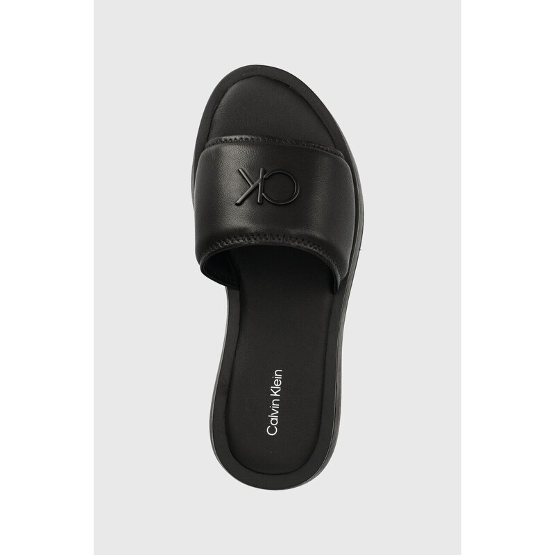 Kožené pantofle Calvin Klein DRESS FLATFORM W/HW dámské, černá barva, na platformě, HW0HW01487