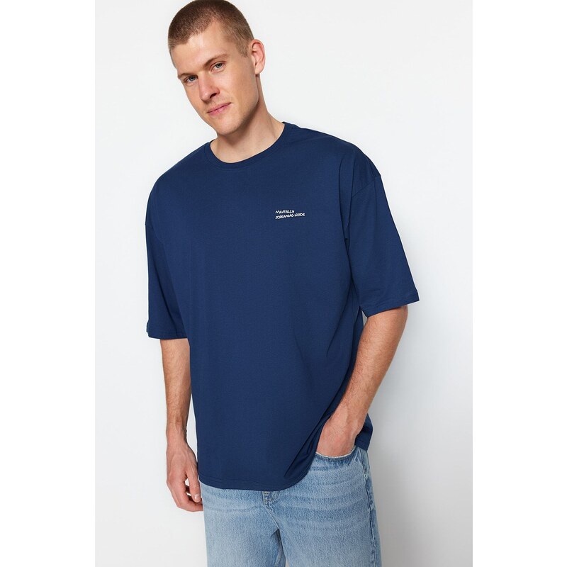 Trendyol Indigo Oversize/Wide-Fit Text Printed Short Sleeve 100% Cotton T-Shirt