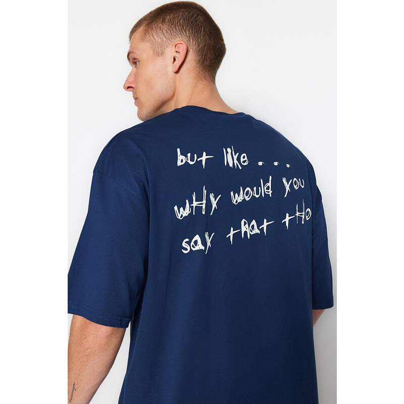 Trendyol Indigo Oversize/Wide-Fit Text Printed Short Sleeve 100% Cotton T-Shirt