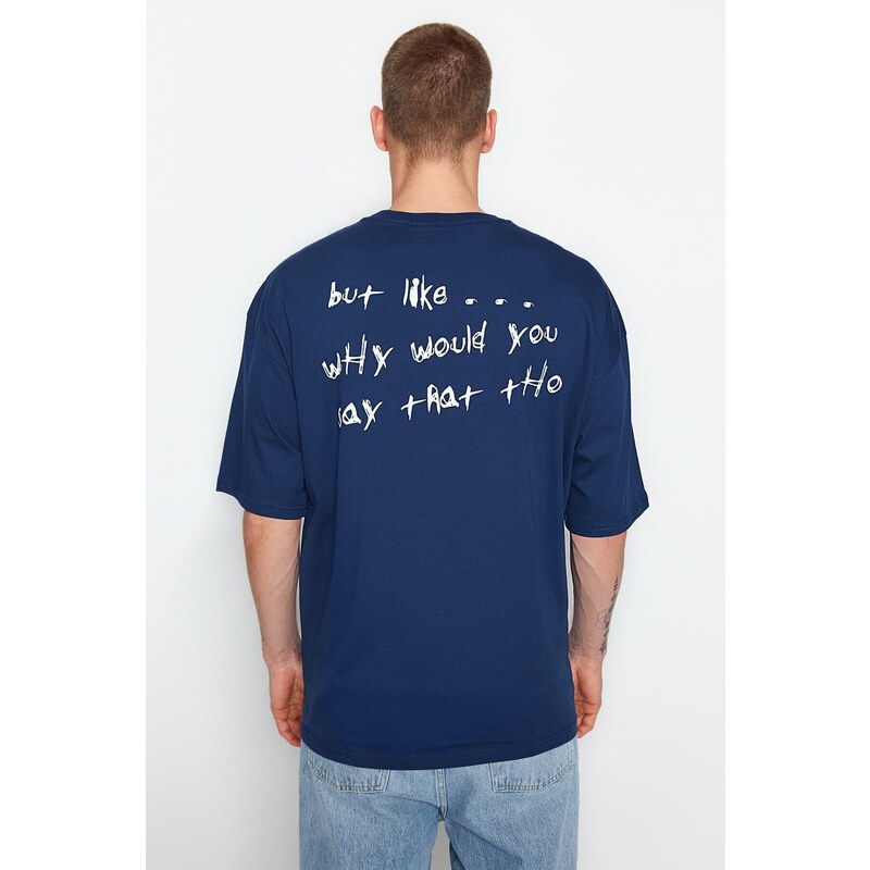 Trendyol Indigo Oversize/Wide-Fit Text Printed Short Sleeve 100% Cotton T-Shirt