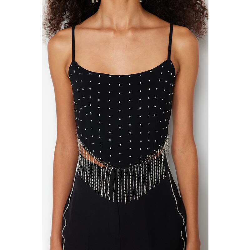 Trendyol Black Crop Lined Knitted Bustier with Shiny Stones