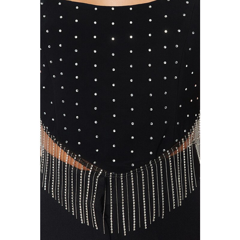 Trendyol Black Crop Lined Knitted Bustier with Shiny Stones