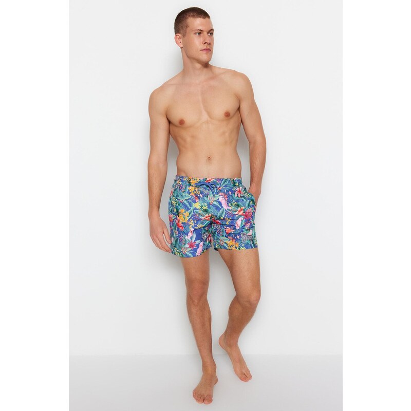 Trendyol Navy Blue Men's Standard Size Floral Print Swimwear Marine Shorts