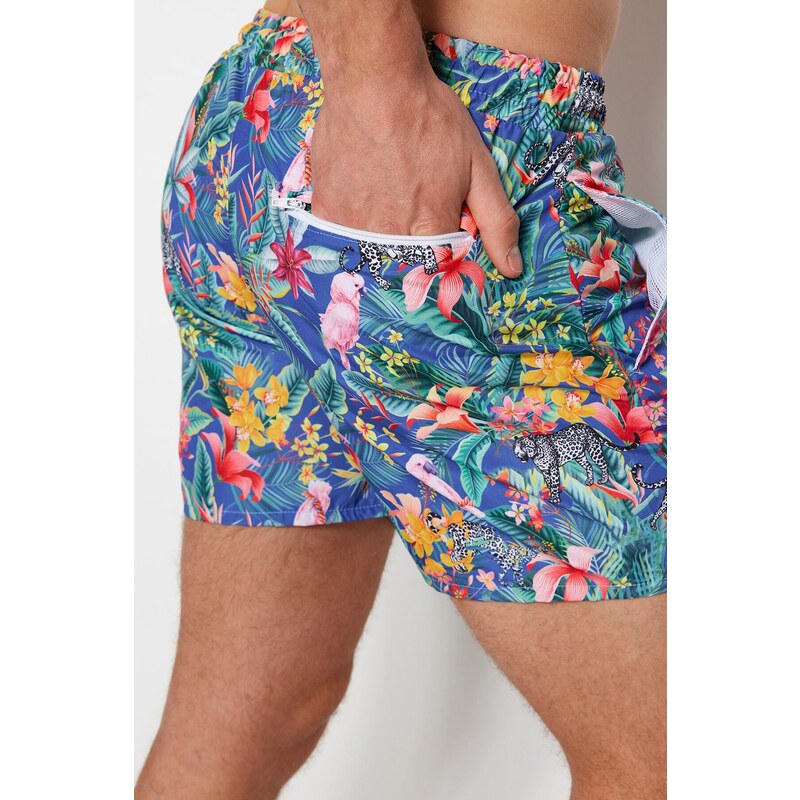 Trendyol Navy Blue Men's Standard Size Floral Print Swimwear Marine Shorts