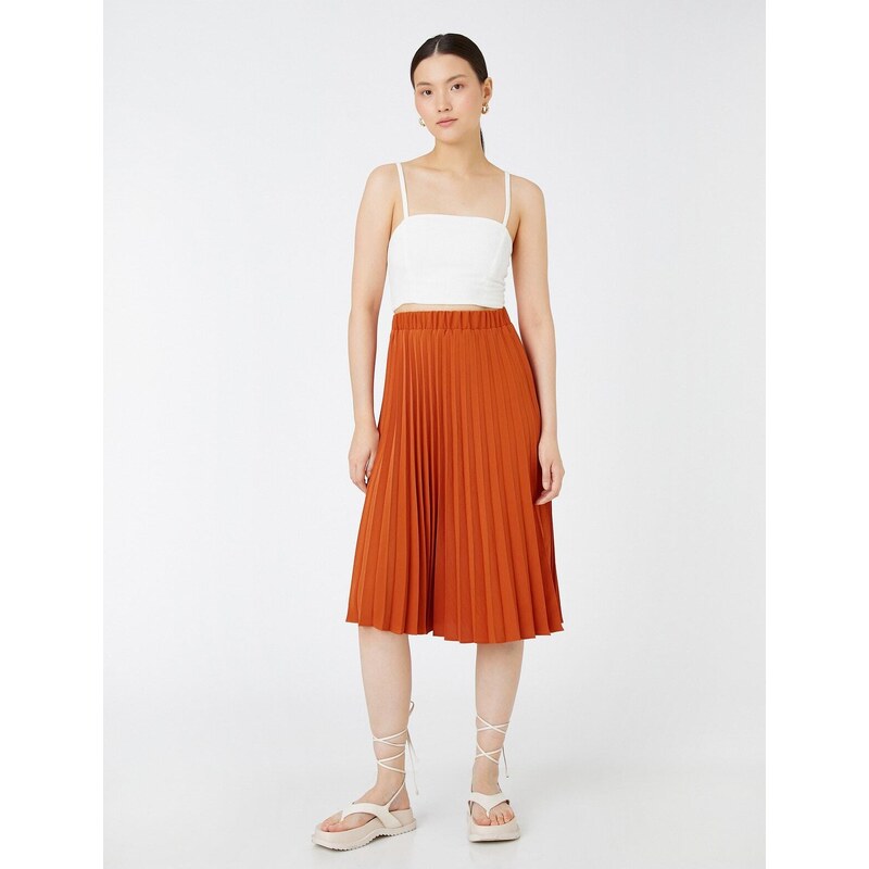 Koton Pleated Midi Length Skirt with Elastic Waist