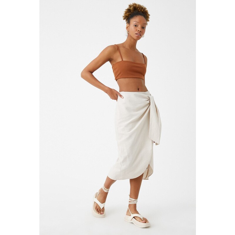 Koton Midi Skirt with Tie Detail and Slit on the Front