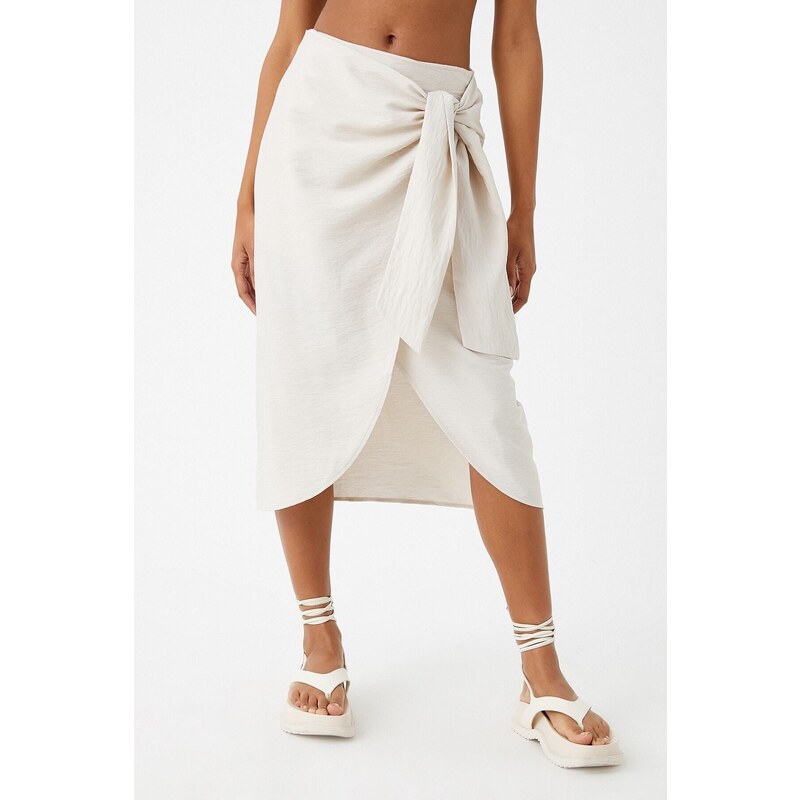 Koton Midi Skirt with Tie Detail and Slit on the Front