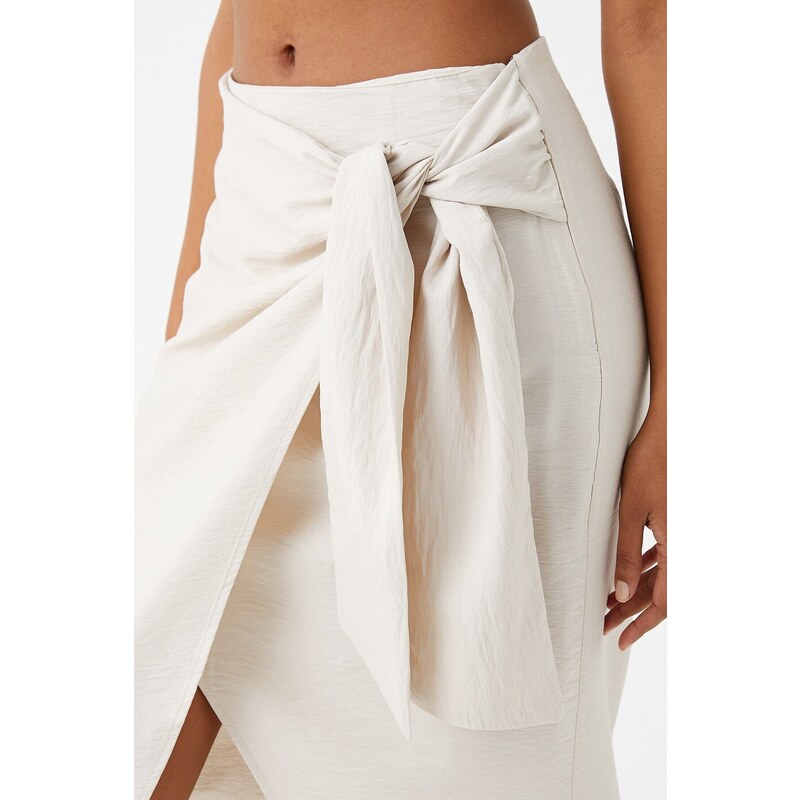 Koton Midi Skirt with Tie Detail and Slit on the Front