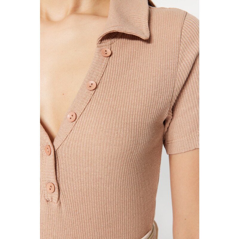 Trendyol Mink Button Detailed Polo Neck Fitted/Situated Ribbed Flexible With Snap Buttons Knitted Body