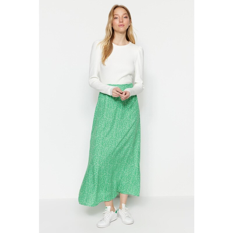 Trendyol Green Floral Printed Viscose Knitted Flare Skirt