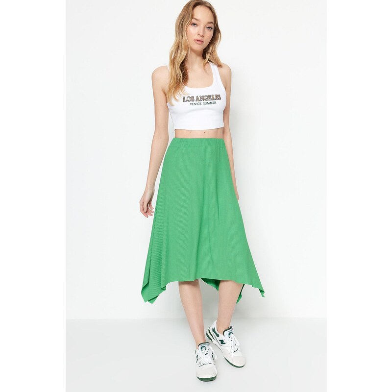 Trendyol Green Ruffle Asymmetrical High Waist Midi Stretch Knitted 107057308