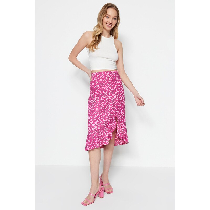 Trendyol Fuchsia Printed High-waist Midi, Elastic Knitted Skirt with Ruffles and Ruffle Details