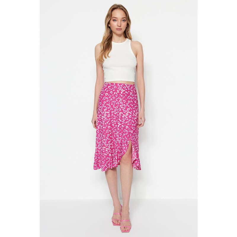 Trendyol Fuchsia Printed High-waist Midi, Elastic Knitted Skirt with Ruffles and Ruffle Details