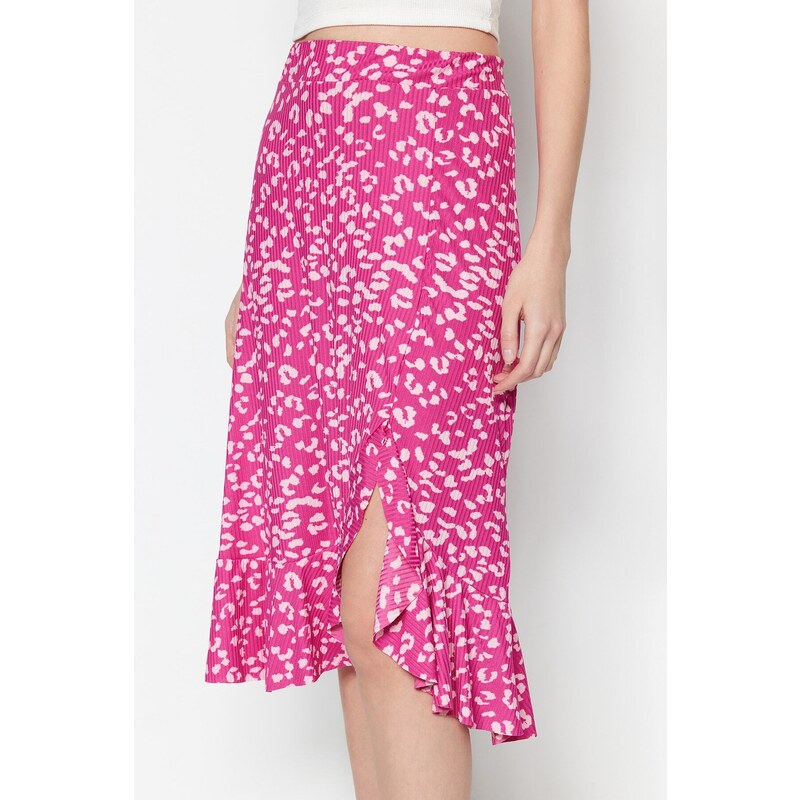 Trendyol Fuchsia Printed High-waist Midi, Elastic Knitted Skirt with Ruffles and Ruffle Details