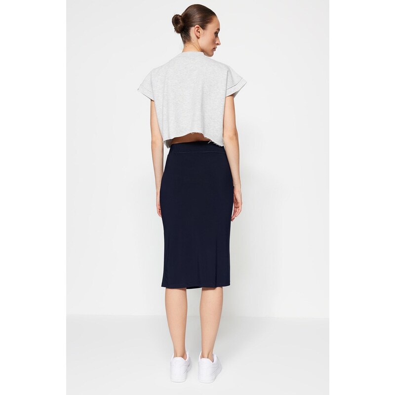 Trendyol Navy Blue Shirred Detail Fitted/Simple High Waist Midi Pencil Stretch Knitted Skirt