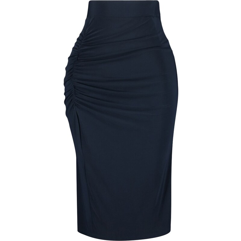 Trendyol Navy Blue Shirred Detail Fitted/Simple High Waist Midi Pencil Stretch Knitted Skirt