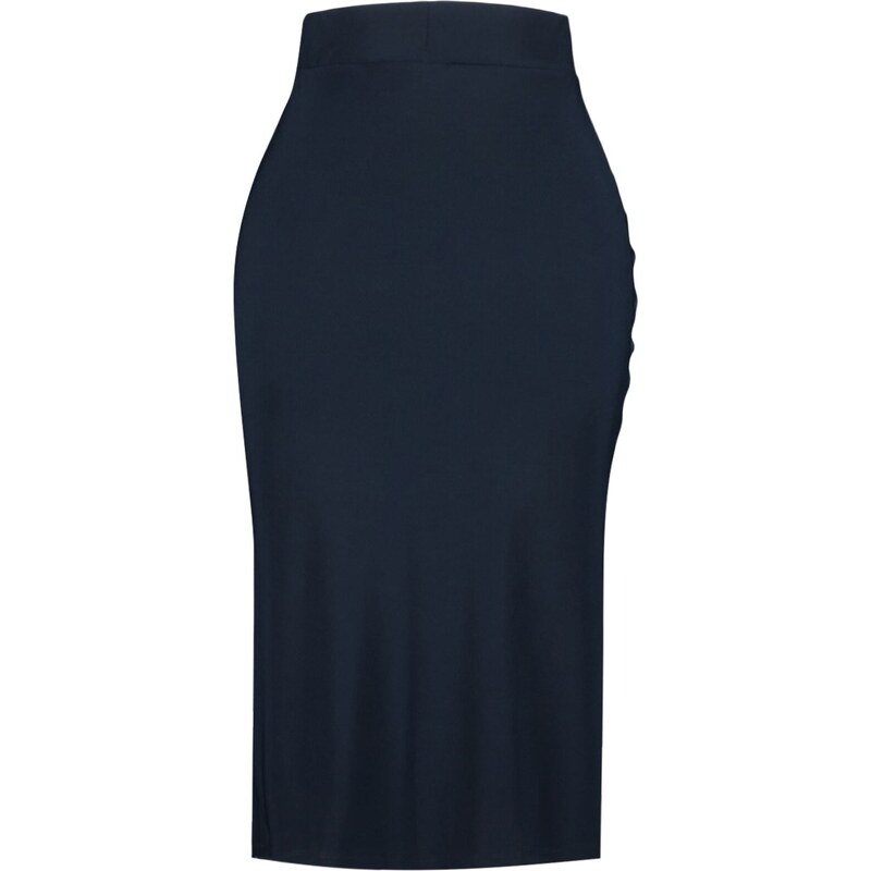 Trendyol Navy Blue Shirred Detail Fitted/Simple High Waist Midi Pencil Stretch Knitted Skirt