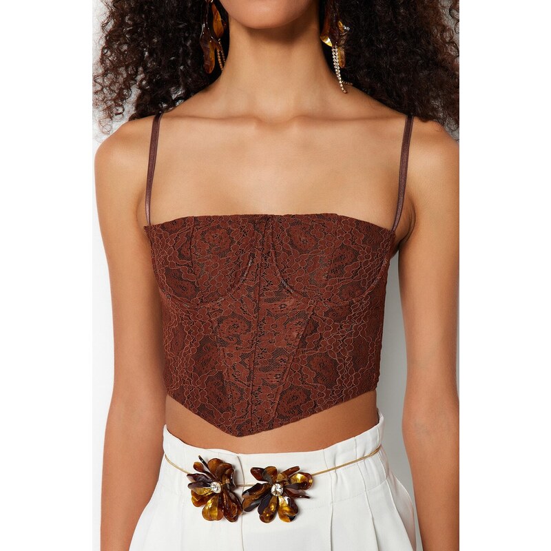 Trendyol Brown Crop Lined Corset Detailed Lace Bustier