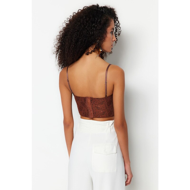 Trendyol Brown Crop Lined Corset Detailed Lace Bustier