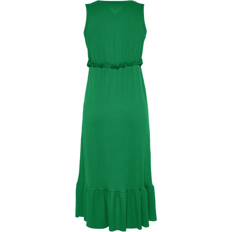 Trendyol Zelené V-Neck Flounce Detailní A-Line Midi pletené šaty
