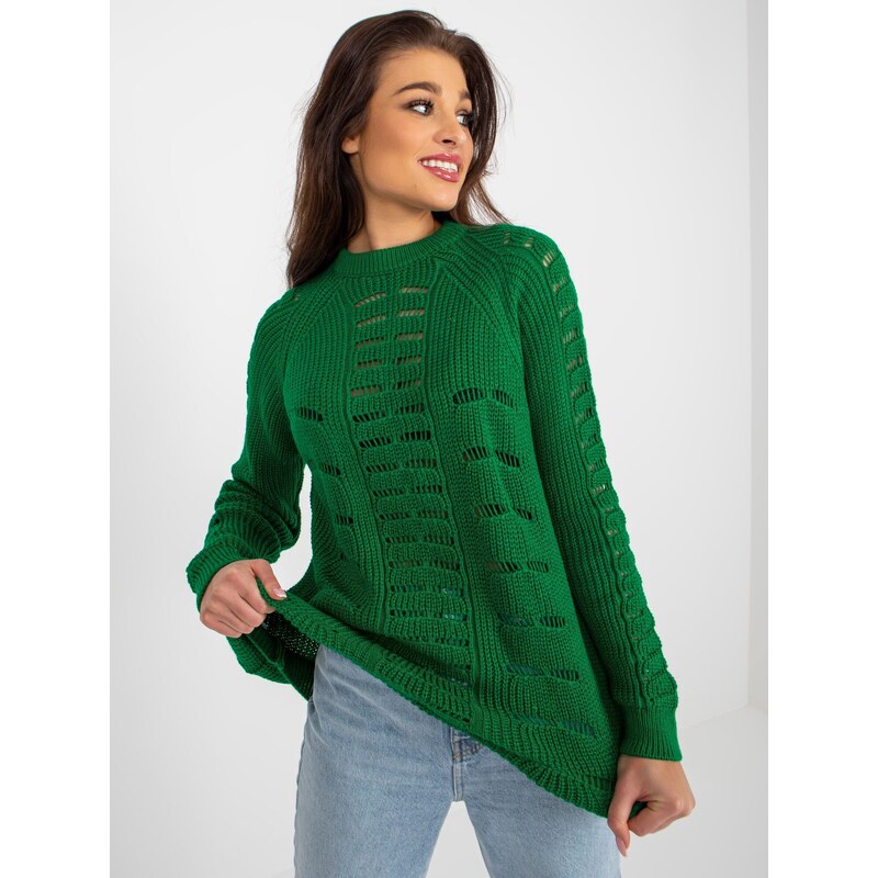 Fashionhunters Zelený prolamovaný oversize svetr s dlouhými rukávy