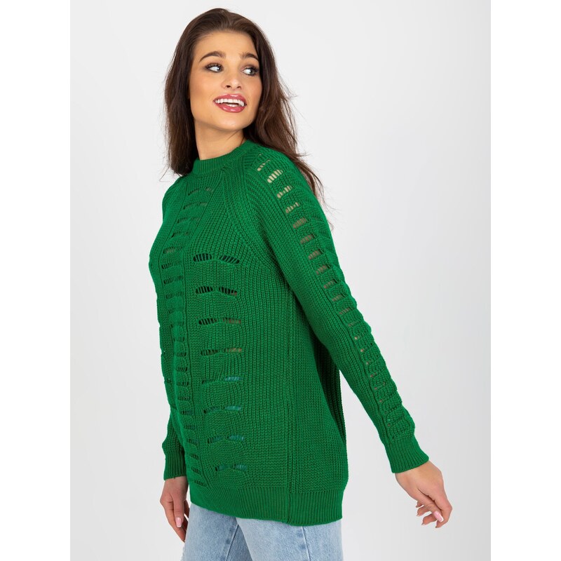 Fashionhunters Zelený prolamovaný oversize svetr s dlouhými rukávy