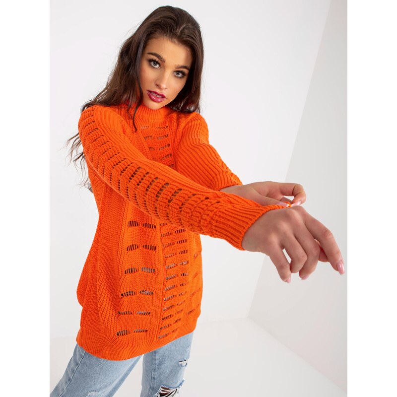 Fashionhunters Oranžový prolamovaný oversize svetr s vlnou